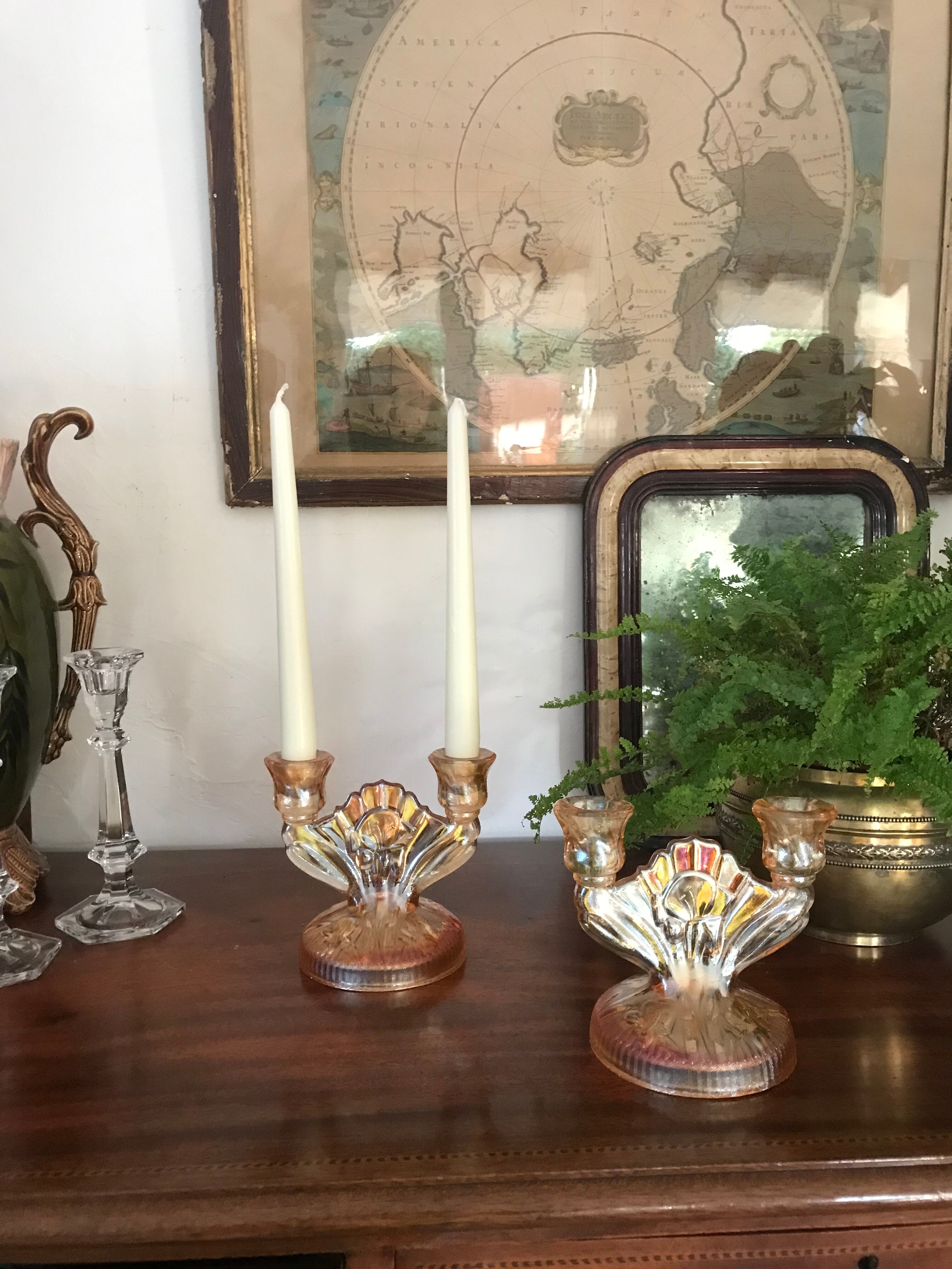 pair of Art Deco iridescent glass candle holders