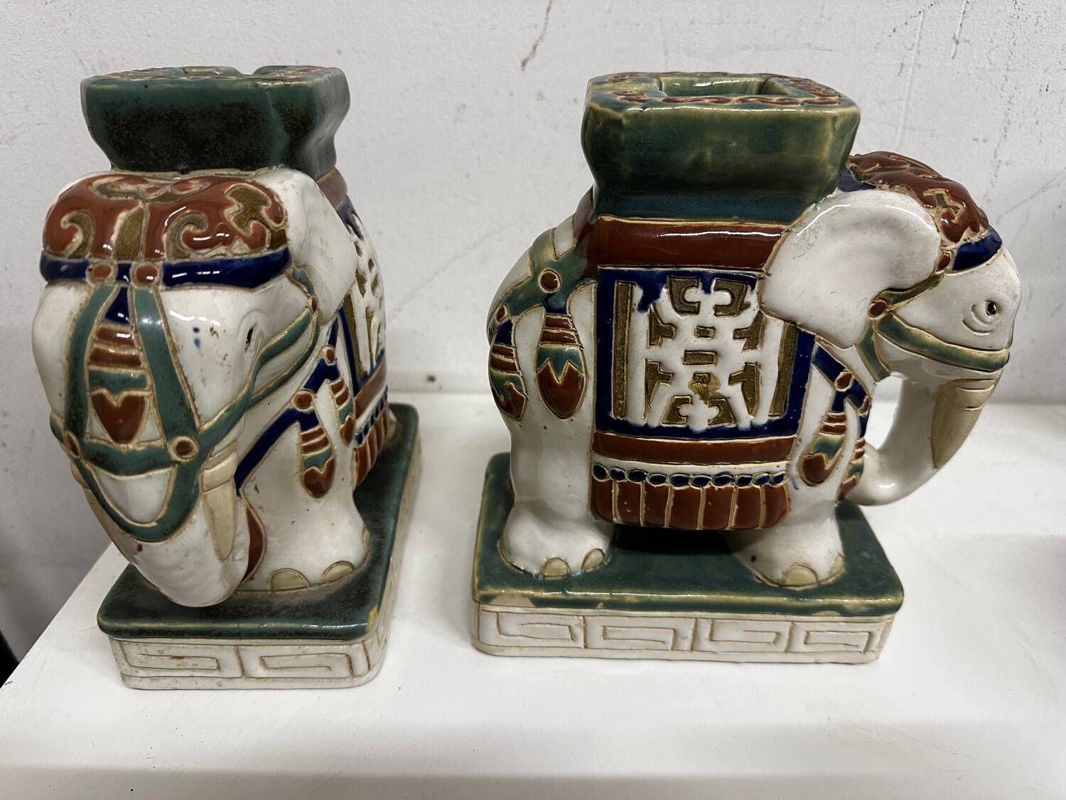 Pair of ceramic elephant plant stands polychrome sculpture - India