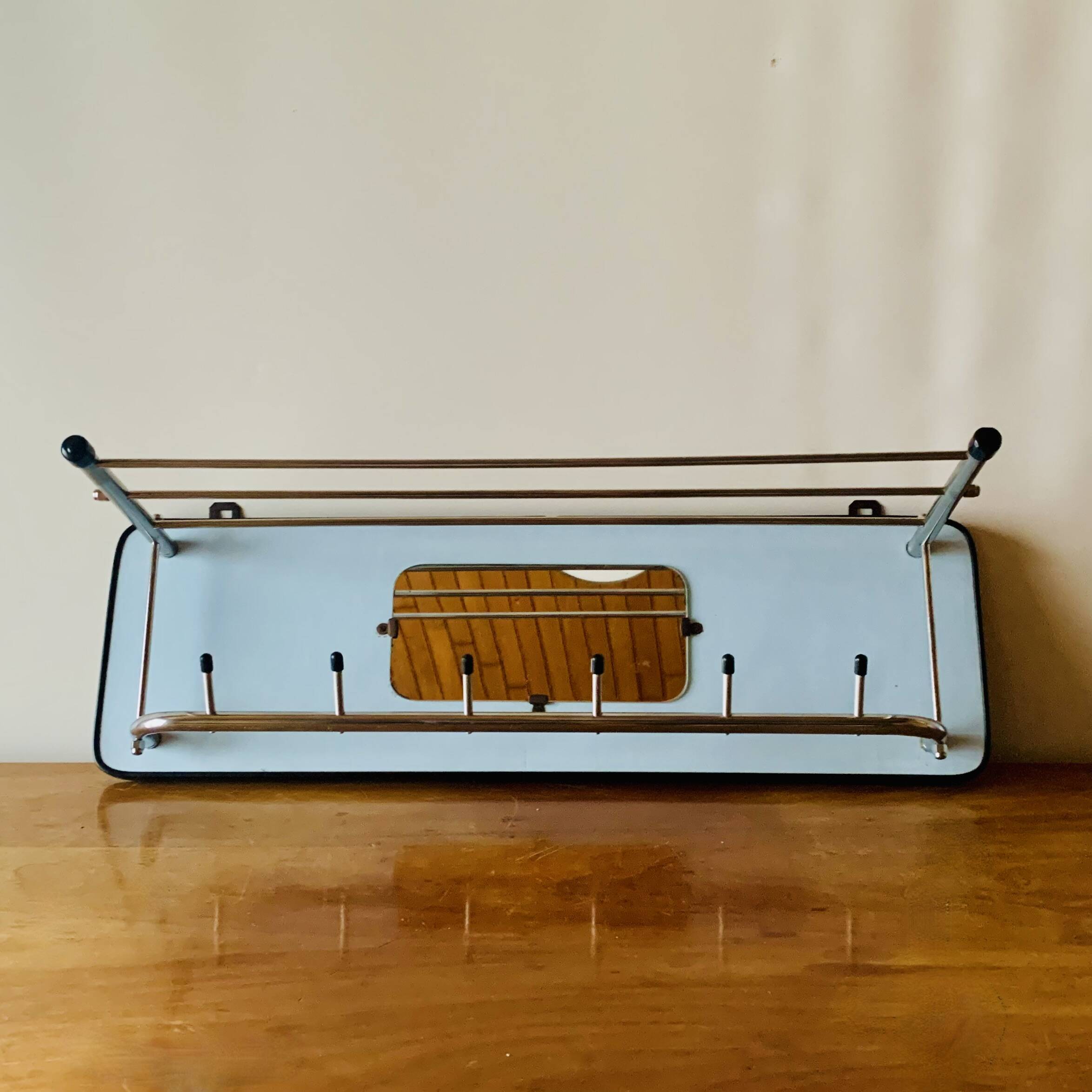 Vintage wall-mounted coat rack in wood and chrome metal with mirror