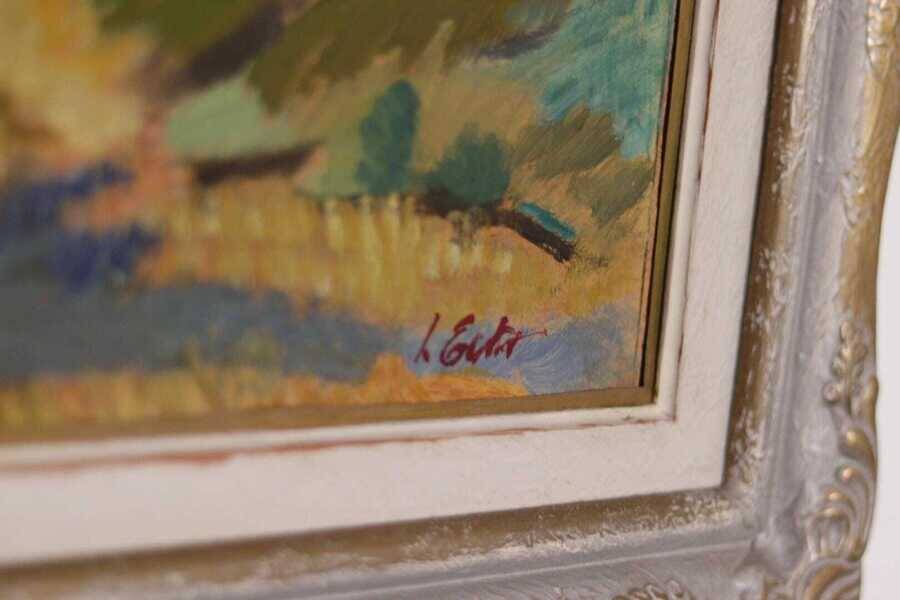 Original mid-century Swedish oil on panel – “Landscape with House” – vintage & framed – 42 × 52 cm (16.5" × 20.5")
