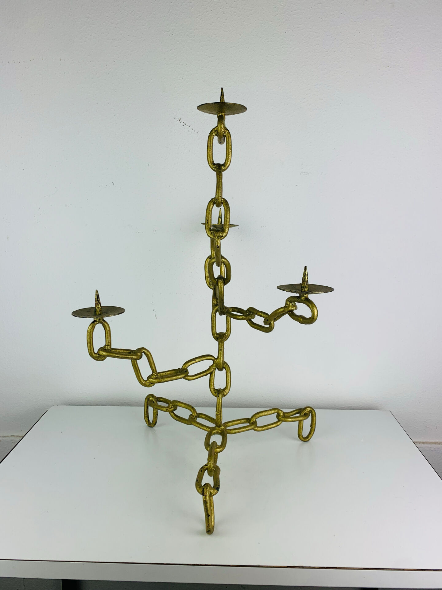 Brutalist candle holder, wrought iron, chain links, gold patina.