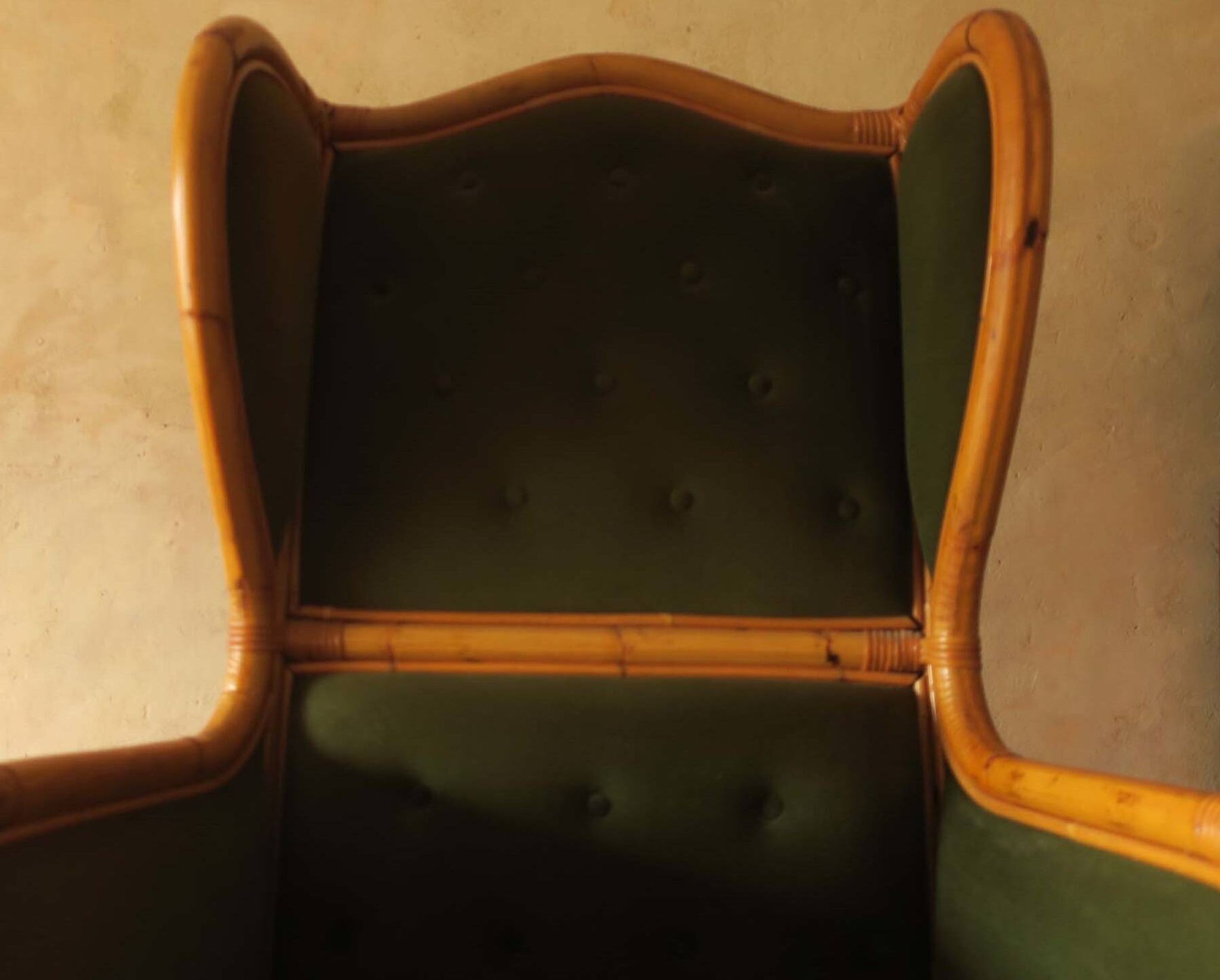 Mid-century wingback chair in bamboo and olive green, 1960s
