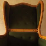 Mid century wing lounge chair in bamboo and olive green, 1960s