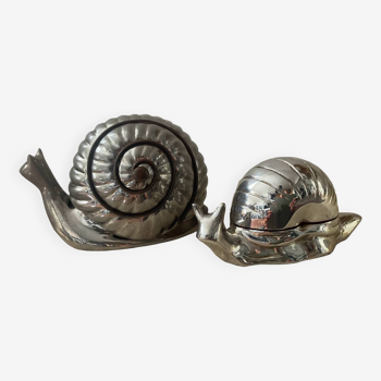 Duo vintage snail jewelry boxes in silver metal