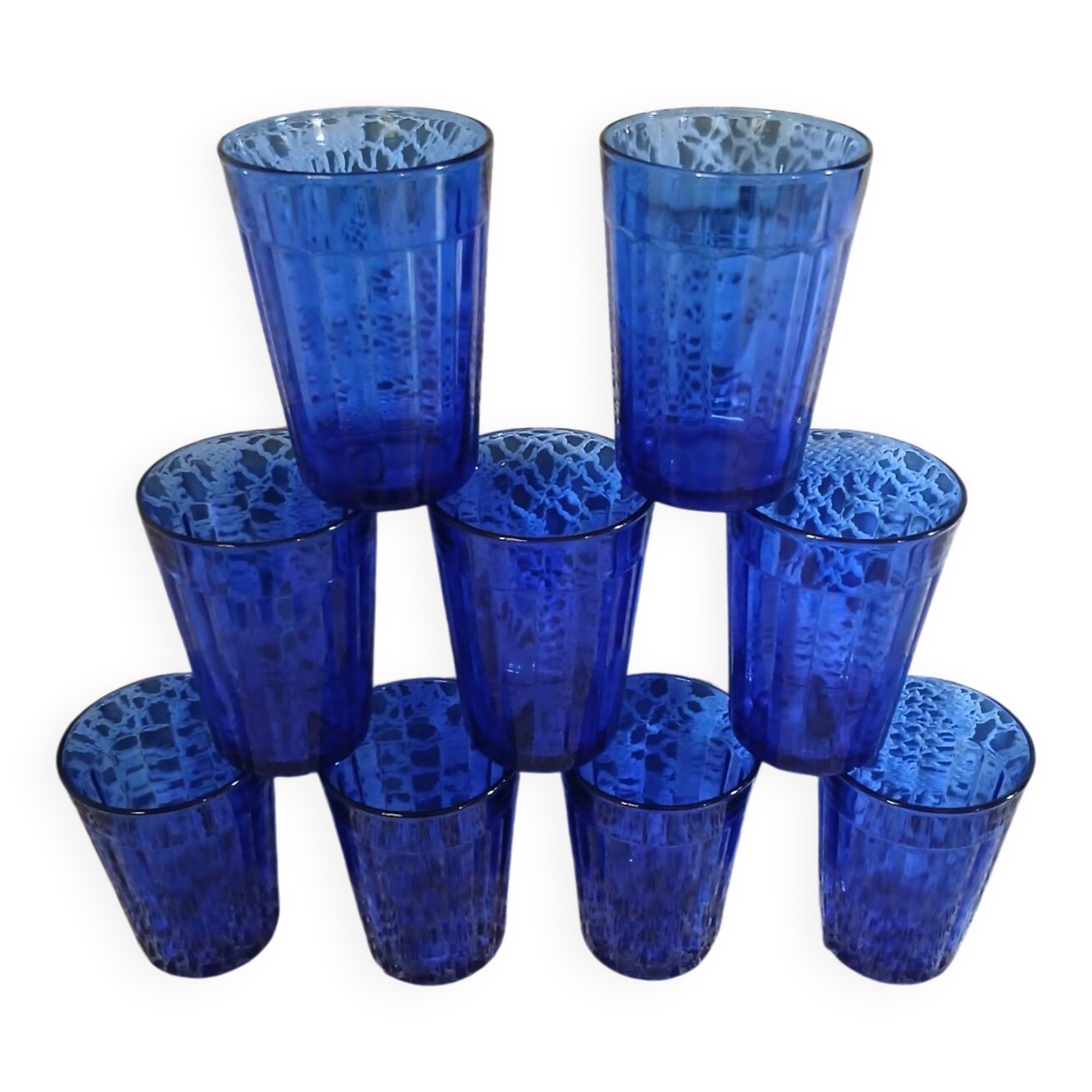 9 antique cobalt blue water glasses