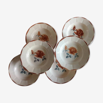 Assiettes creuses anciennes X6 modèle beige rosé de la manufacture française de Digoin