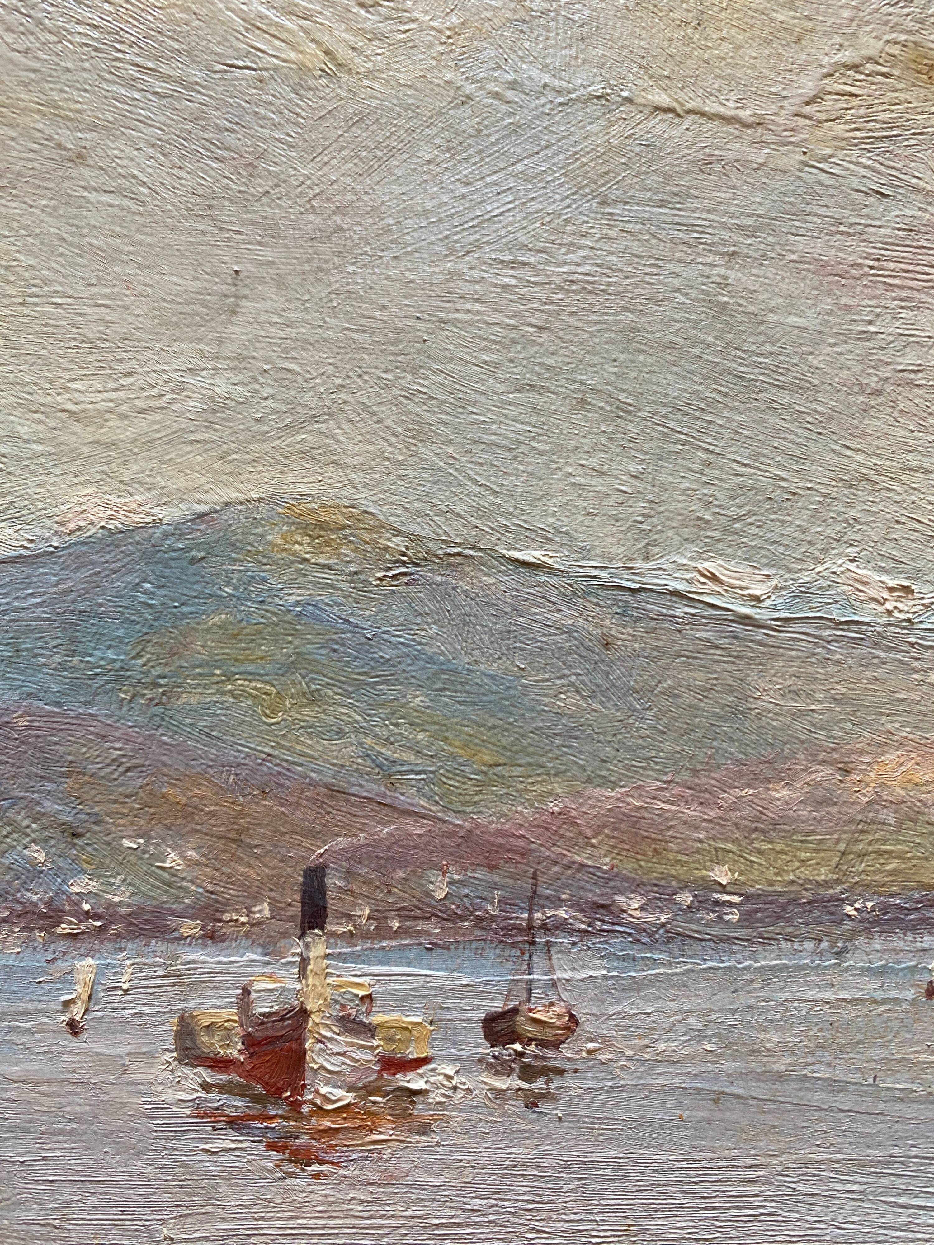 HST XIX° painting "Marine with lighthouse and boats" Italian Orientalist style + frame