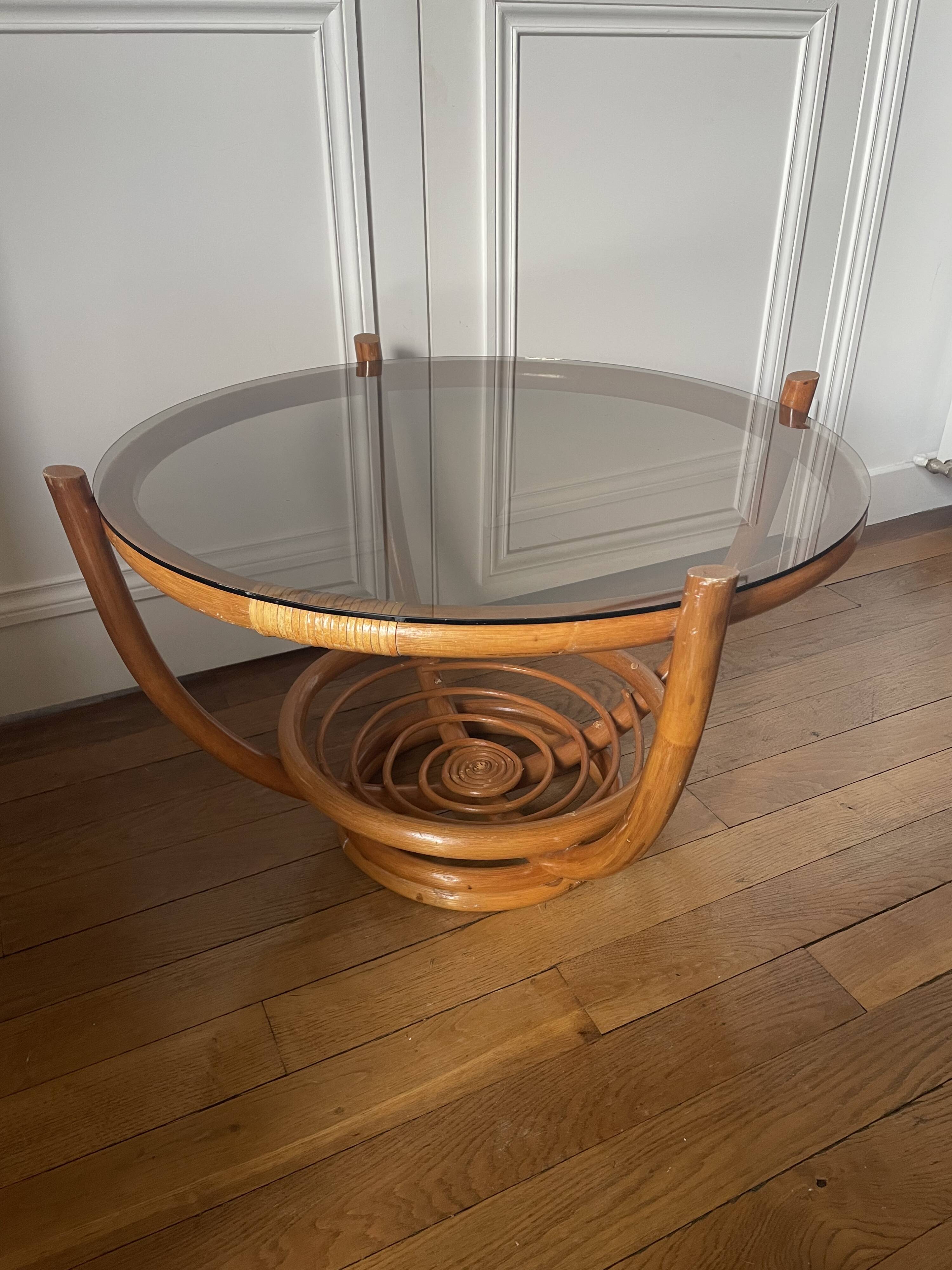 Vintage rattan coffee table with smoked glass top