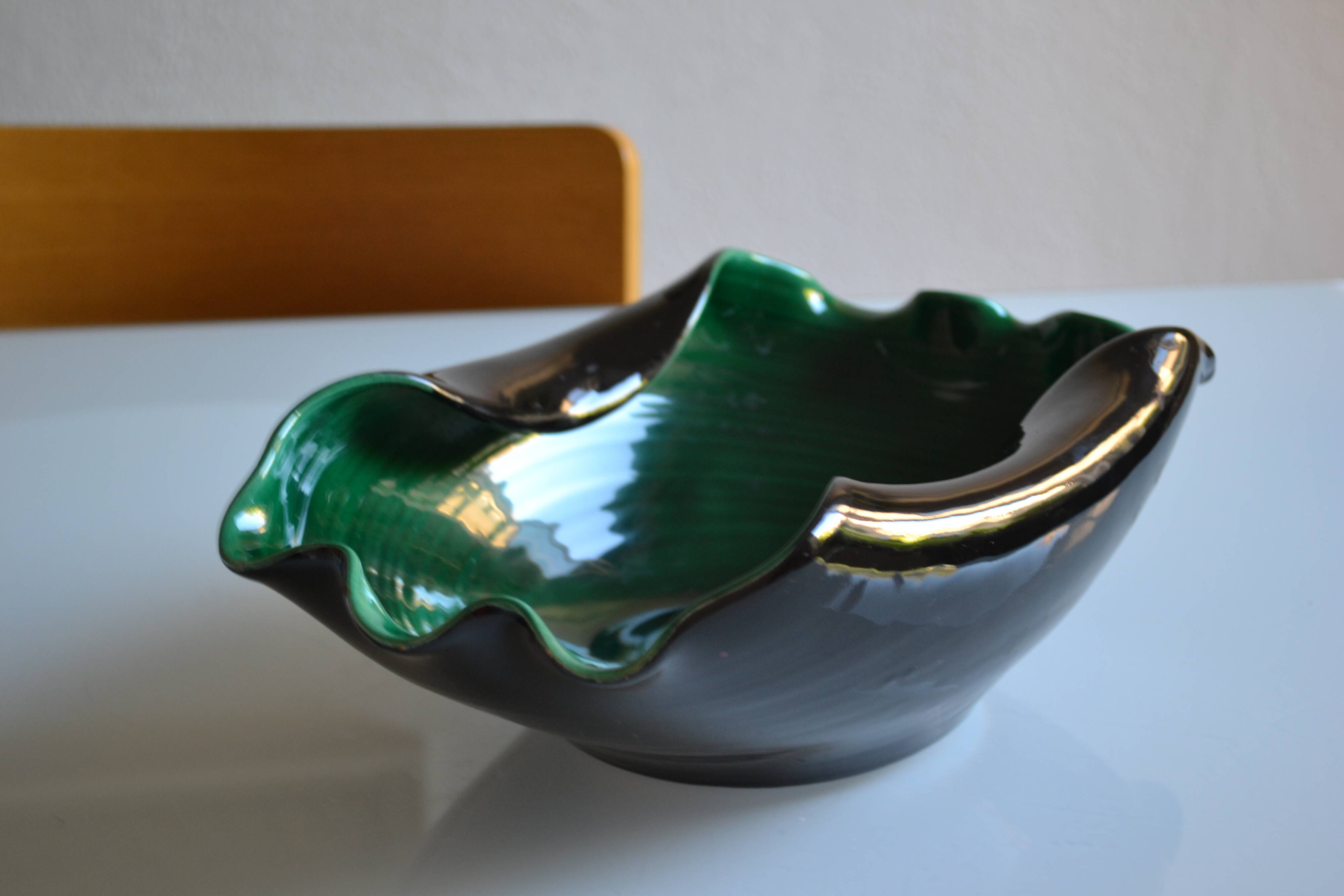 Grande coupe à fruits en céramique vert et noir années 60 60's 1960