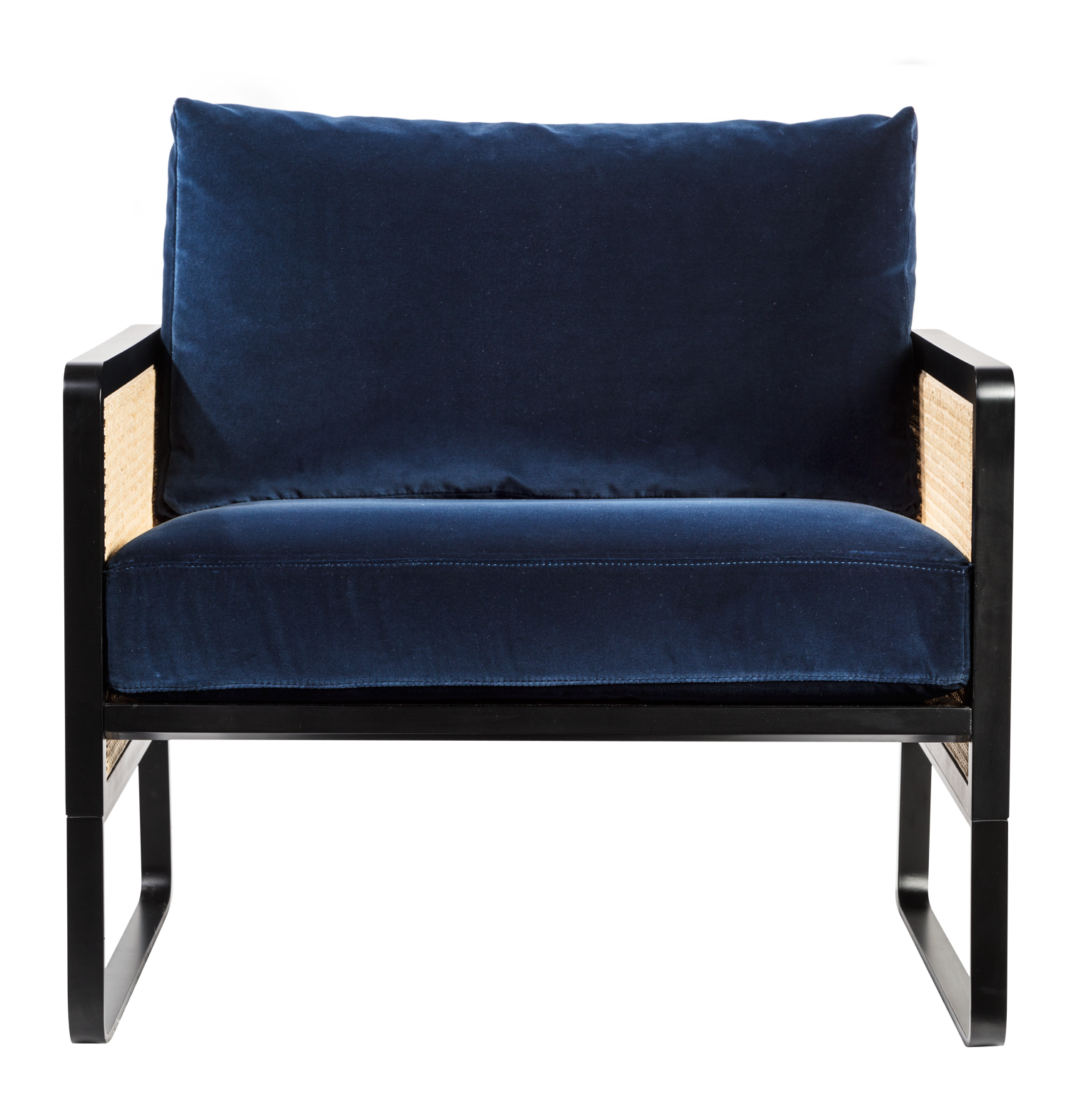 Fauteuil cannage structure noire velours marine