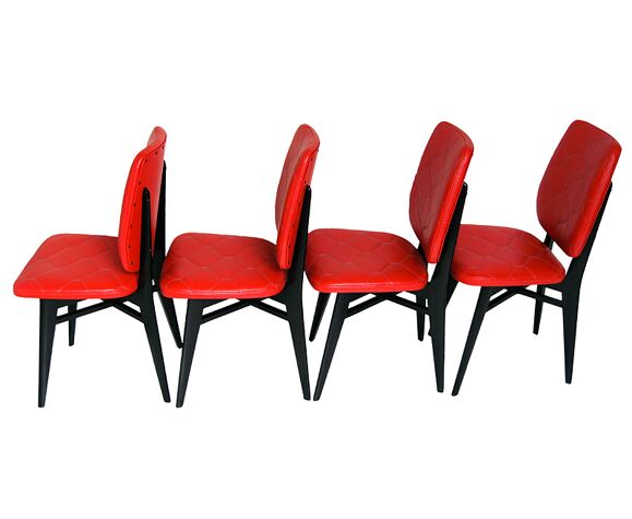 Lot de 4 chaises skaï rouge matelassé année 50