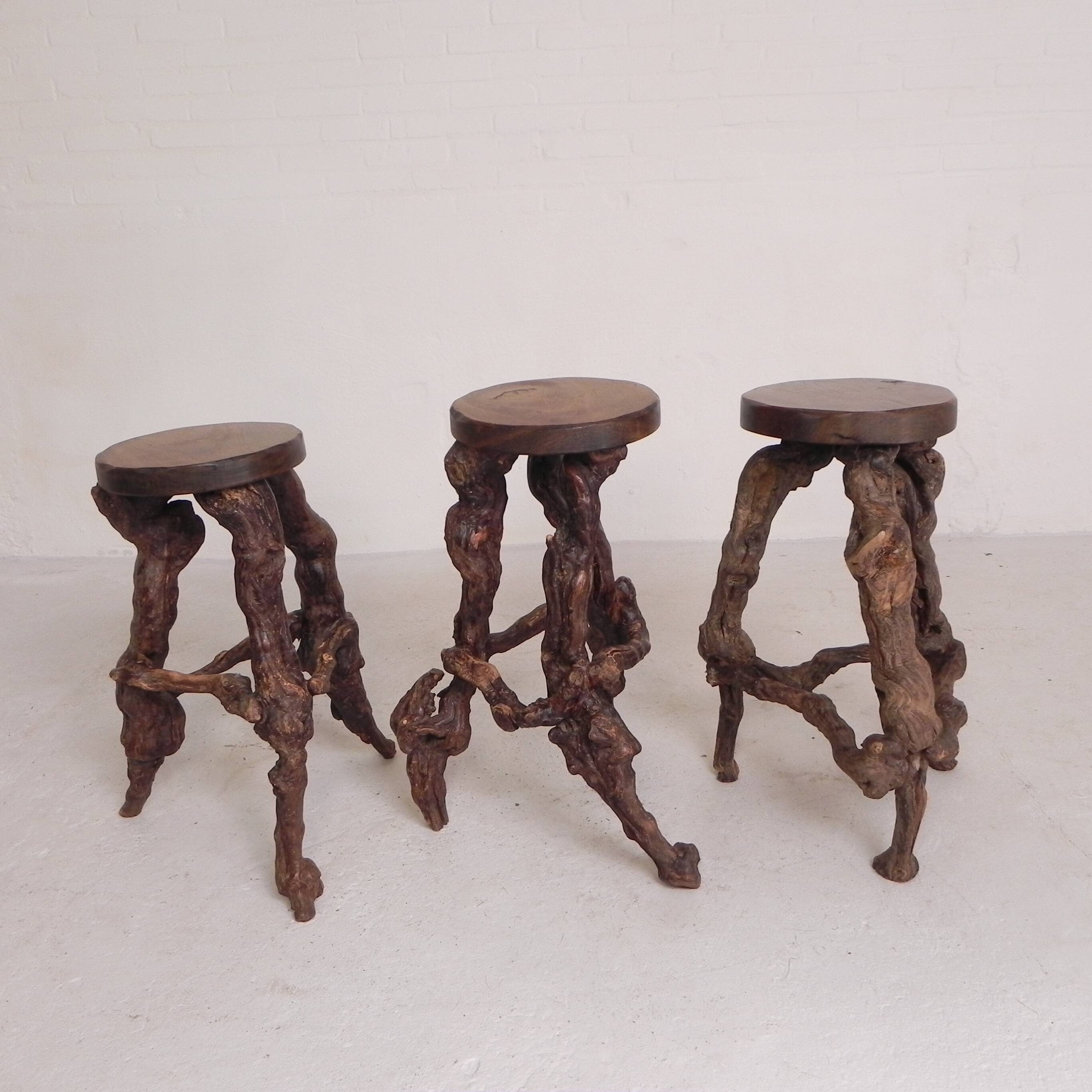 Set of 3 vintage wooden vine bar stools, 1960s