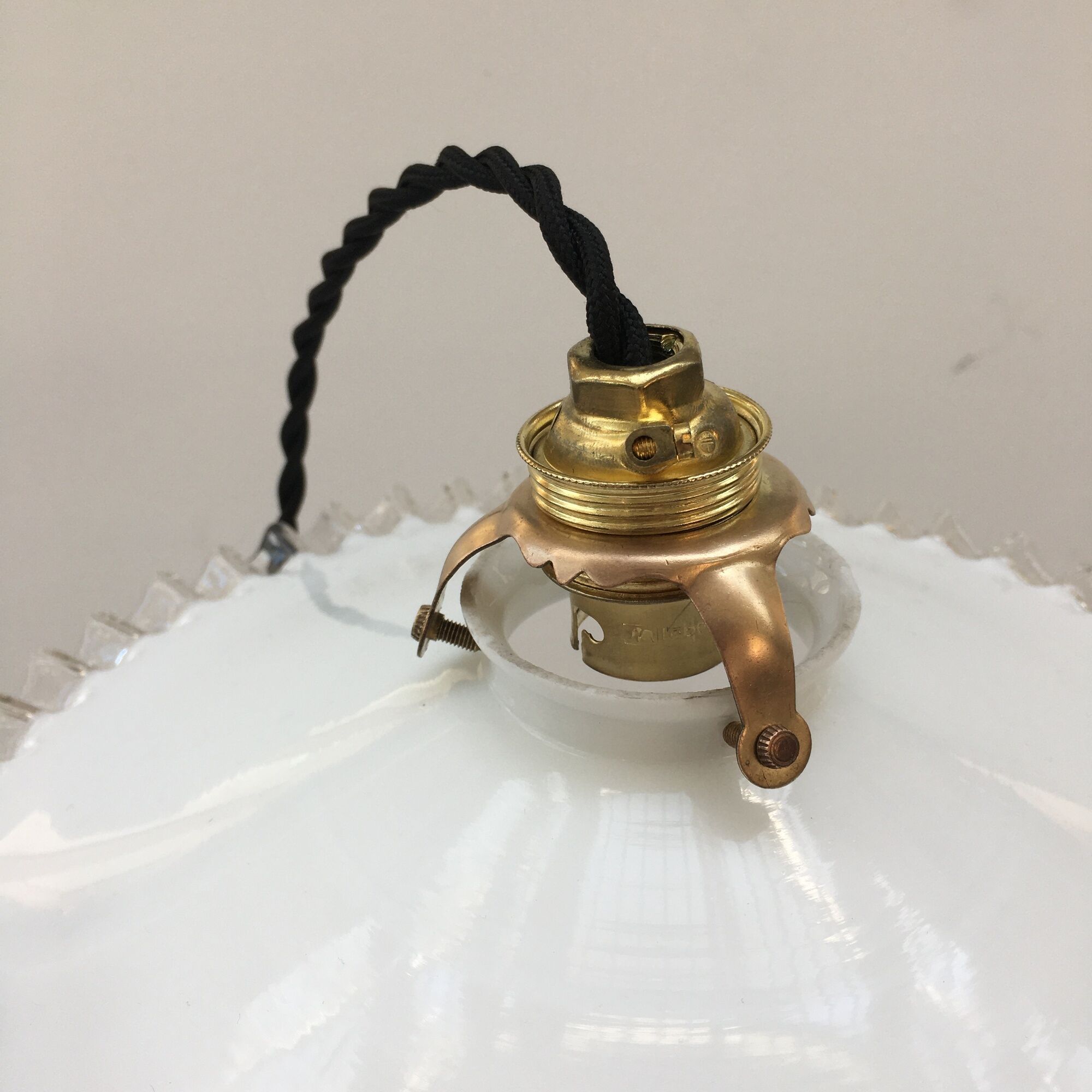 Pairs of vintage suspensions in white opaline with serrated edges