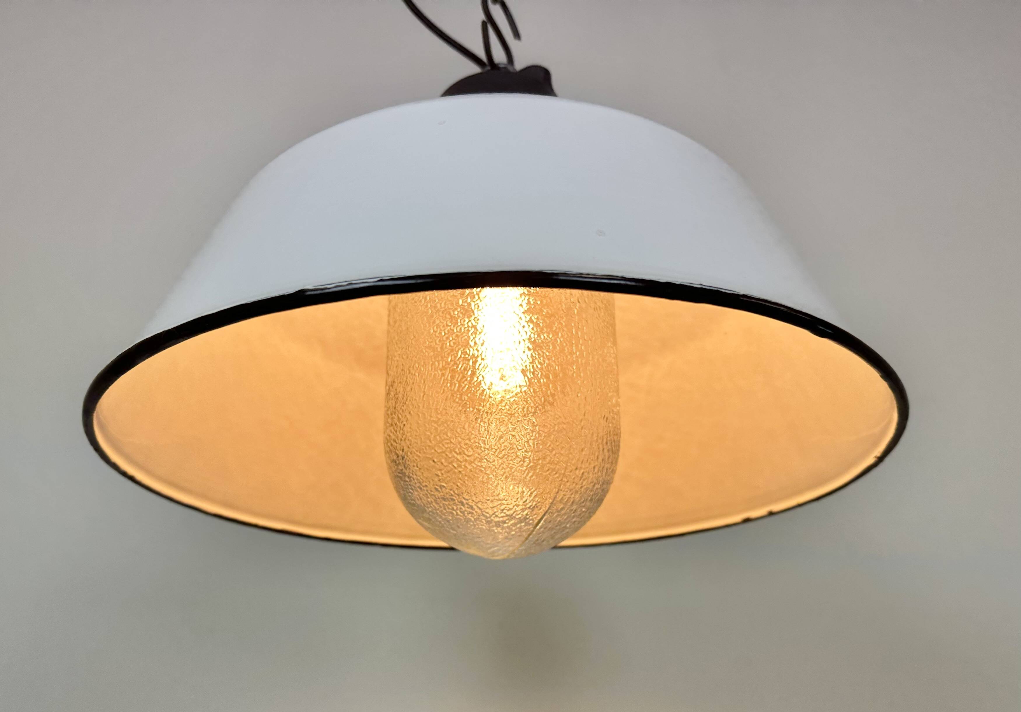 White enamel and cast iron industrial pendant light with glass cover, 1960s