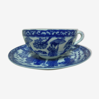 Ancienne tasse à café et soucoupe en porcelaine ultra fine du Japon bleu/ blanc