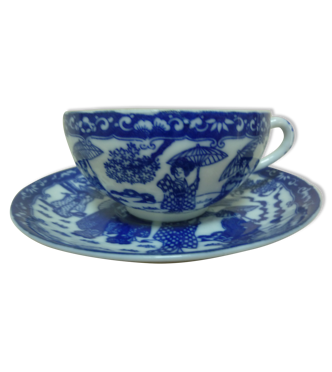 Ancienne tasse à café et soucoupe en porcelaine ultra fine du Japon bleu/  blanc | Selency