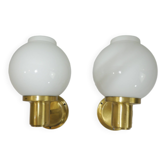Pair of vintage wall lights, brass and opaline glass, France 1970