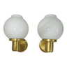 Pair of vintage wall lights, brass and opaline glass, France 1970