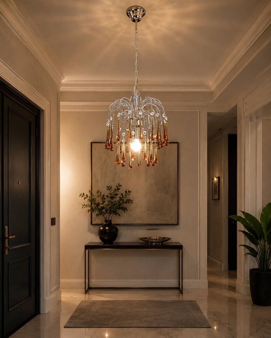 The Amber Crown, Murano Chandelier Amber and Crystal Drops, 1970s