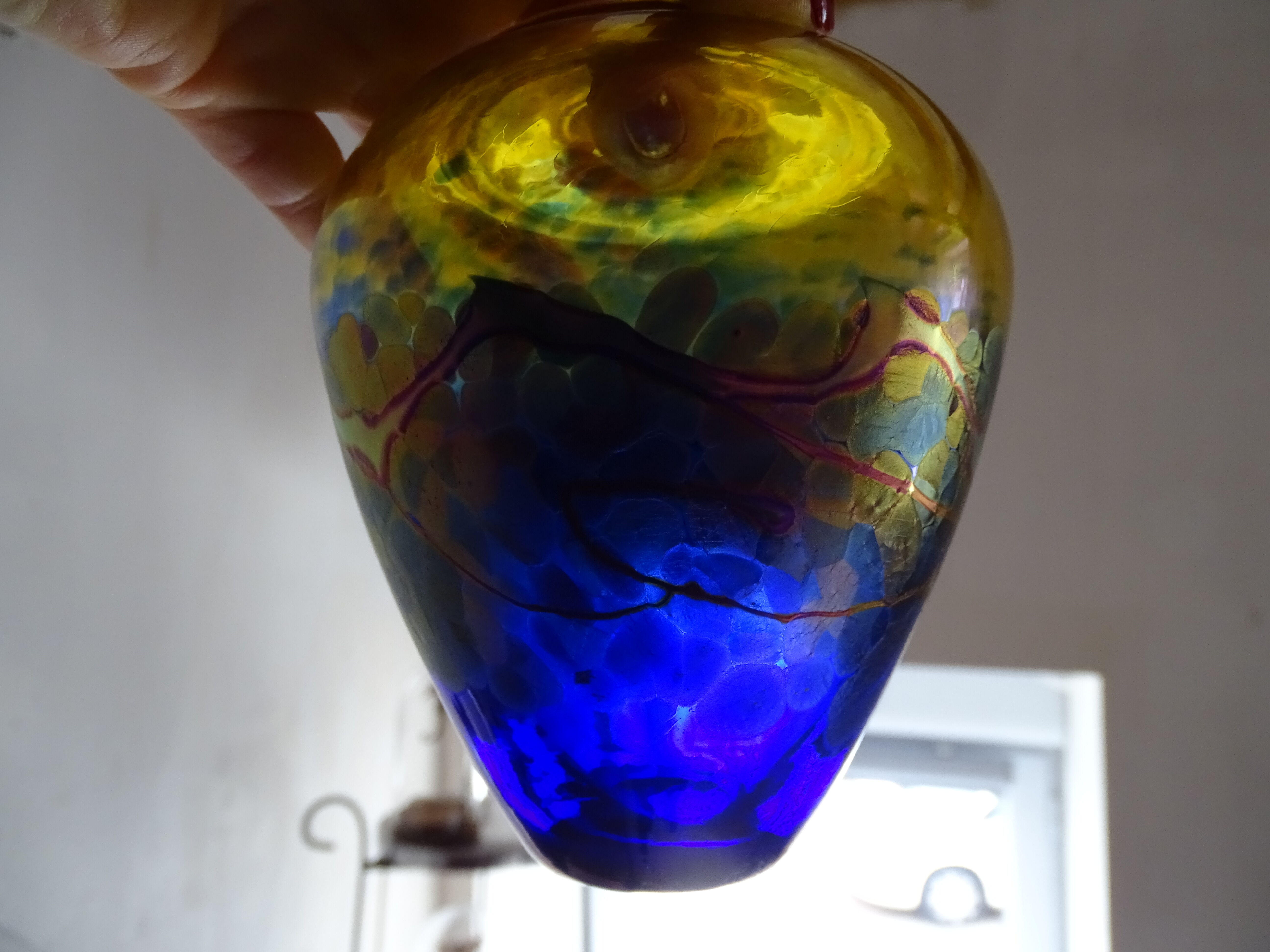 Multicoloured iridescent glass vase and cobalt blue Canada Robert Held signed