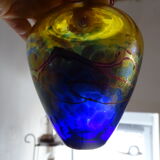 Vase verre irisé multicolore et bleu cobalt canada robert held signé