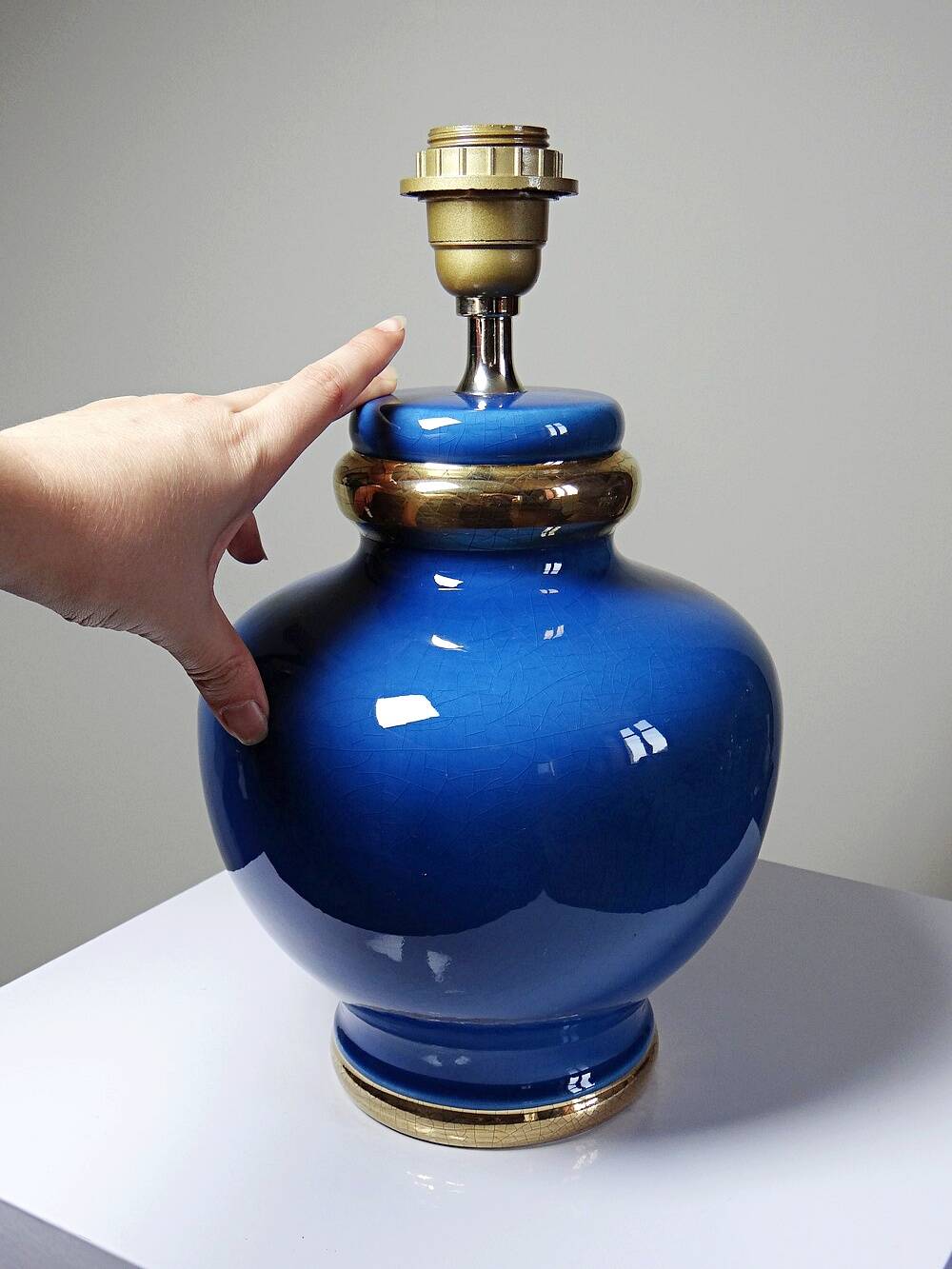 Vintage lamp Att. Le Dauphin in cobalt blue and gold ceramic, 1960s-1970s.