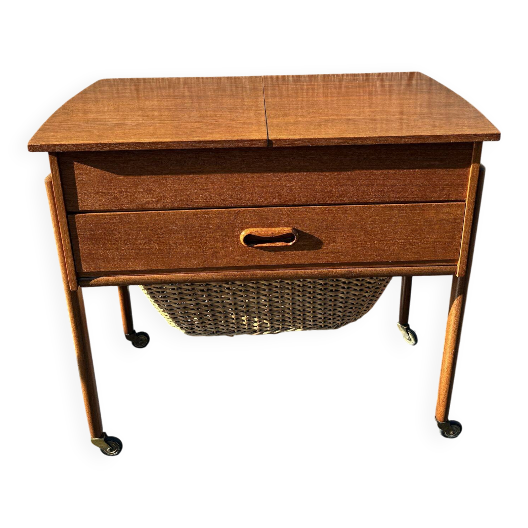 Danish teak sewing table with wicker basket, 1960s
