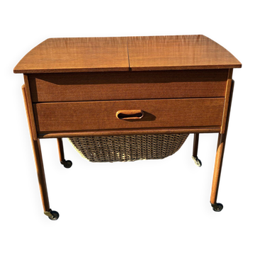 Danish teak sewing table with wicker basket, 1960s