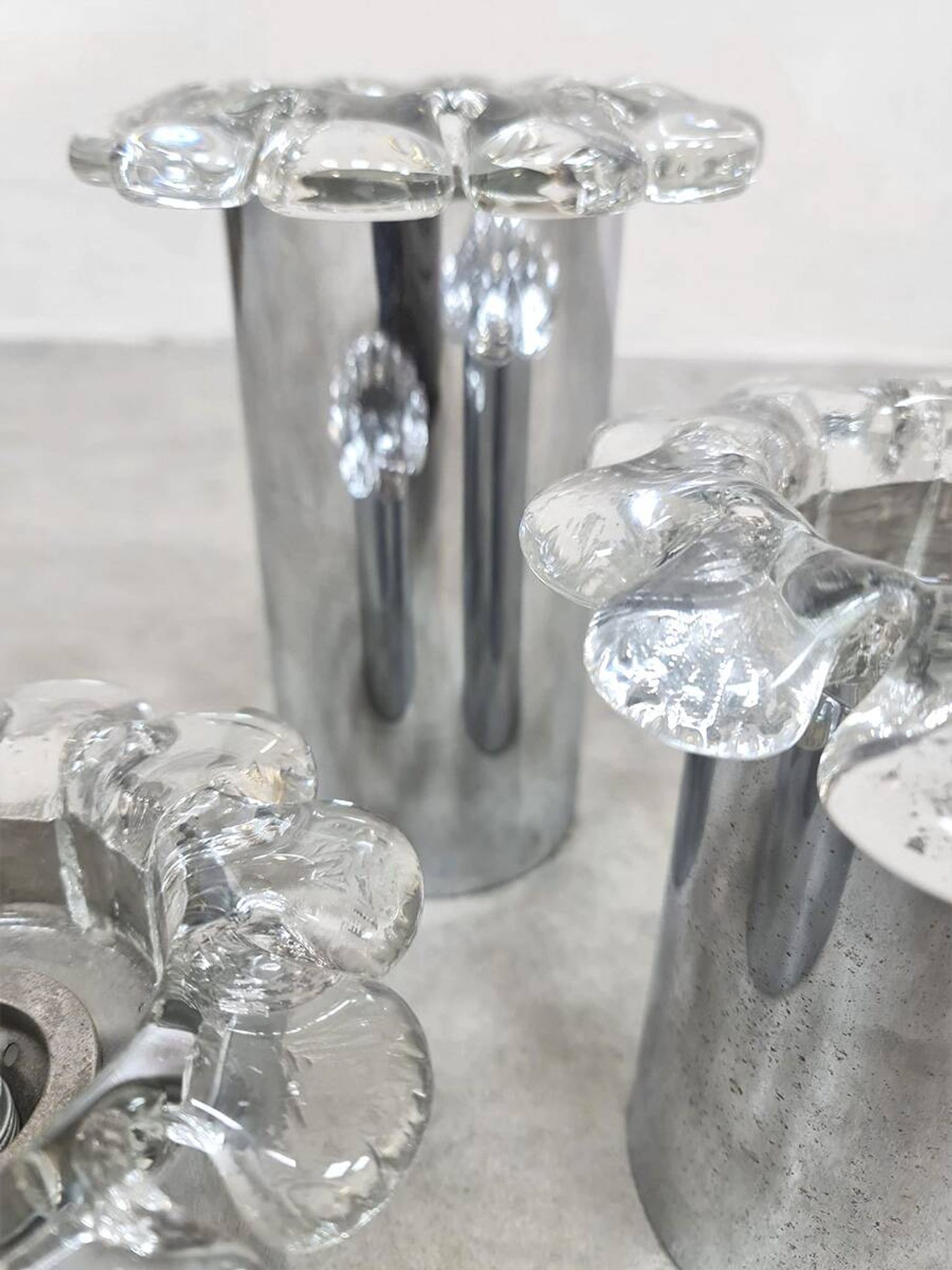Vintage chrome and glass flower wall sconces