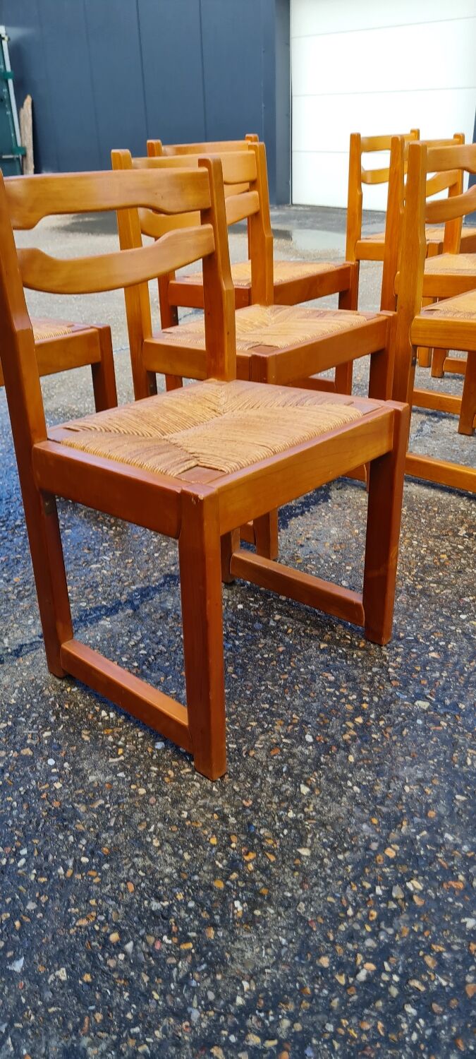 Set of 8 chairs in elm and straw by Maison Regain