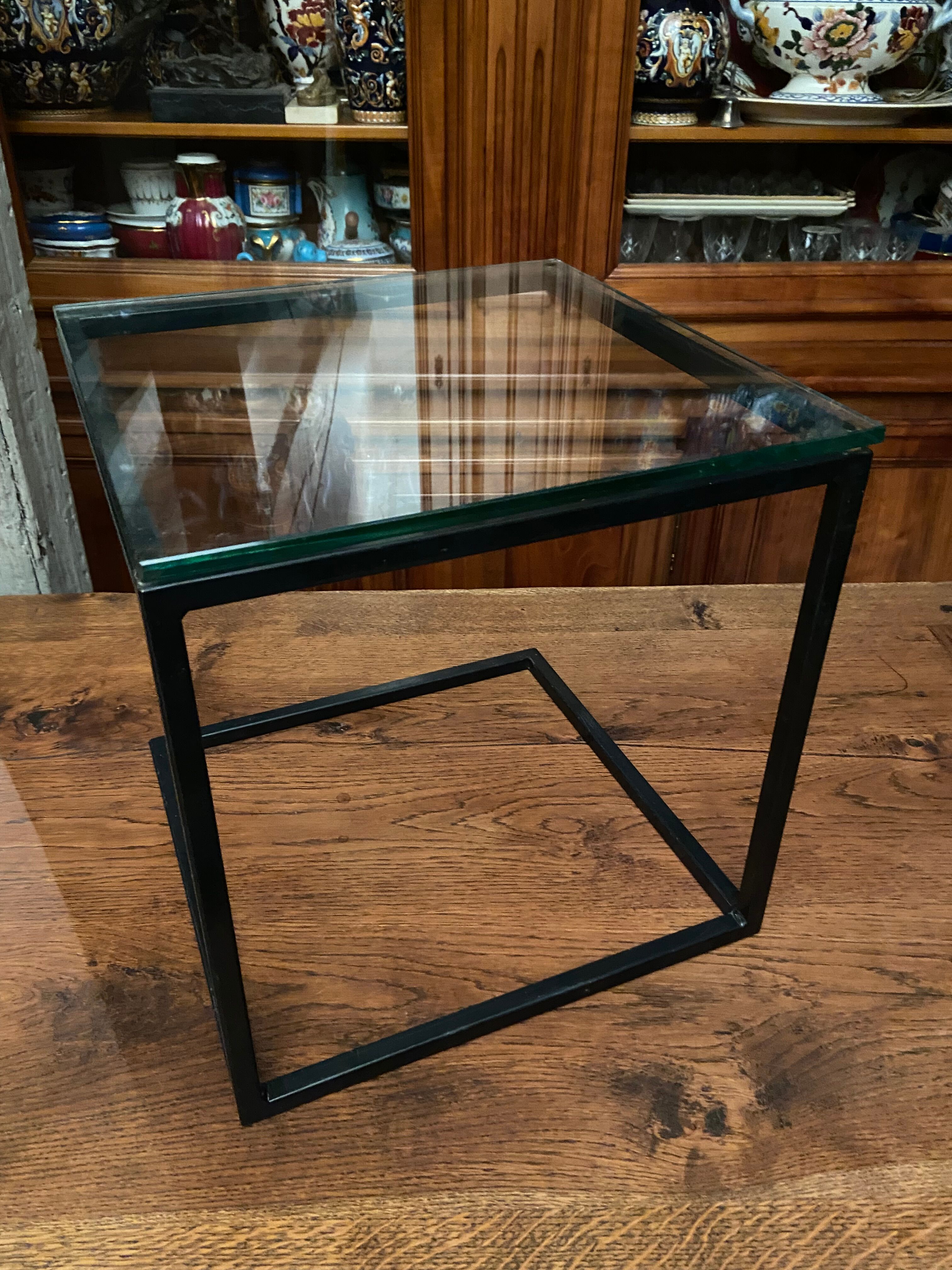 Coffee table end of sofa harness design 1970 metal and glass marked pierre chevalier