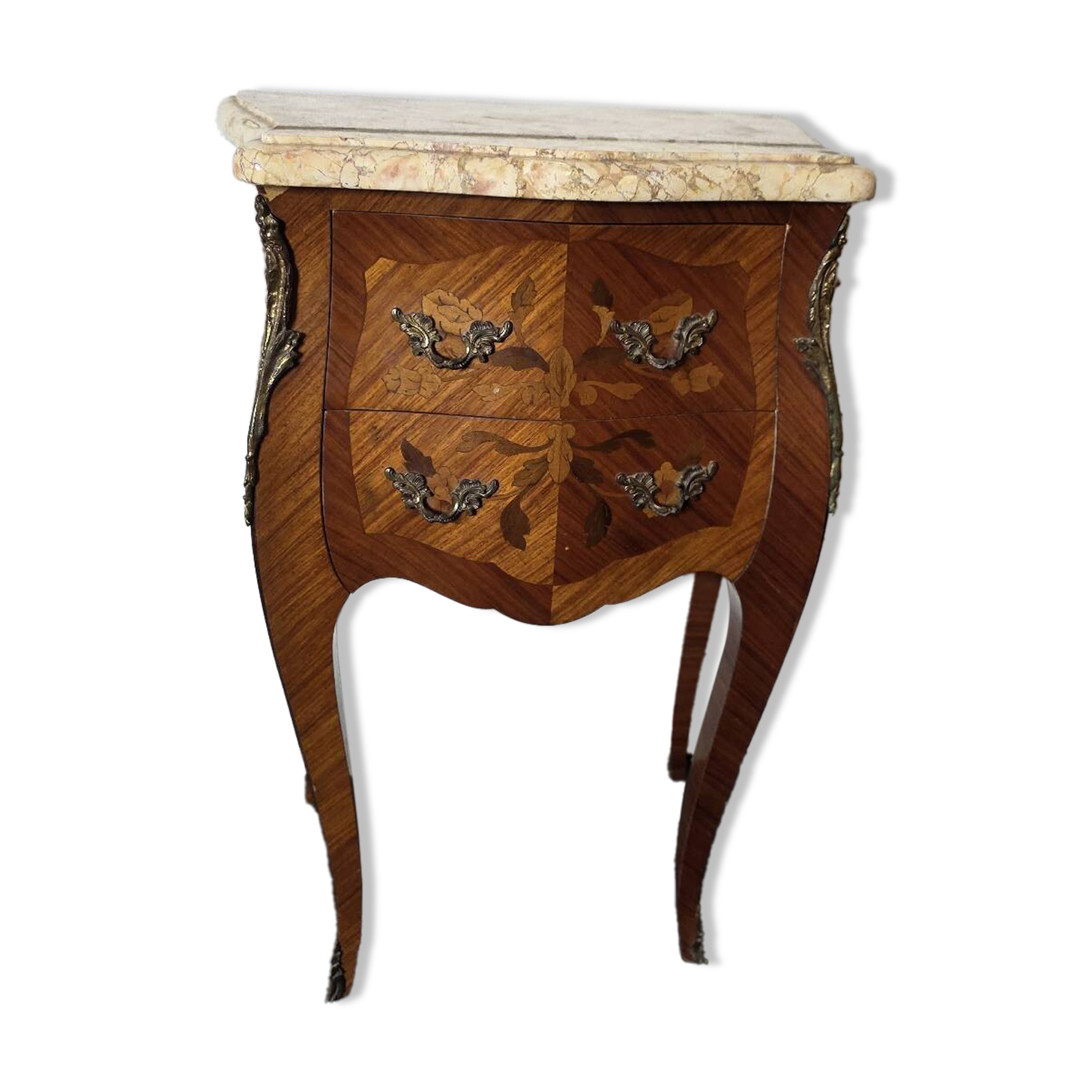 Louis XV style curved bedside table in marquetry