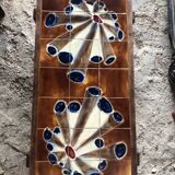 Old 70's Coffee Table Wood + Vintage Painted Ceramic Tiles #A608