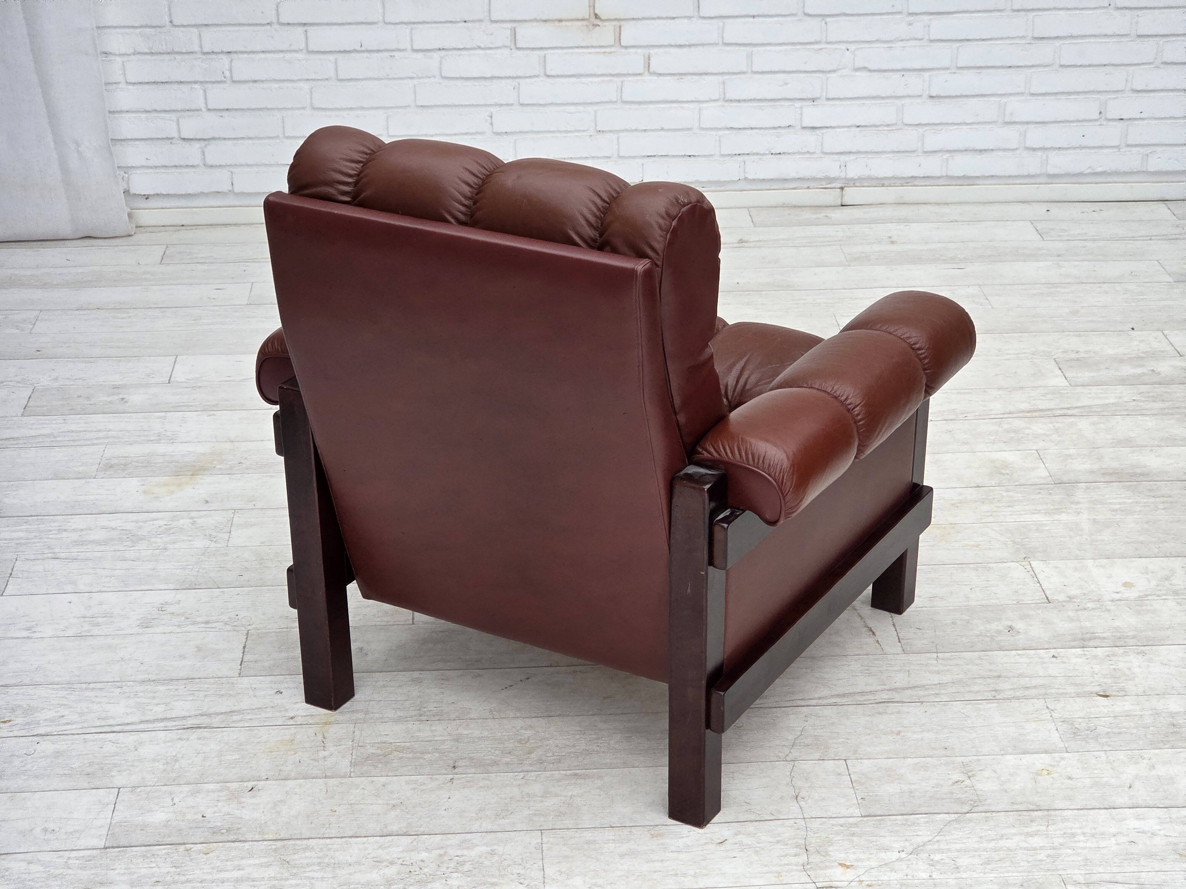1970s, Scandinavian armchair, furniture leather, dark beech wood.
