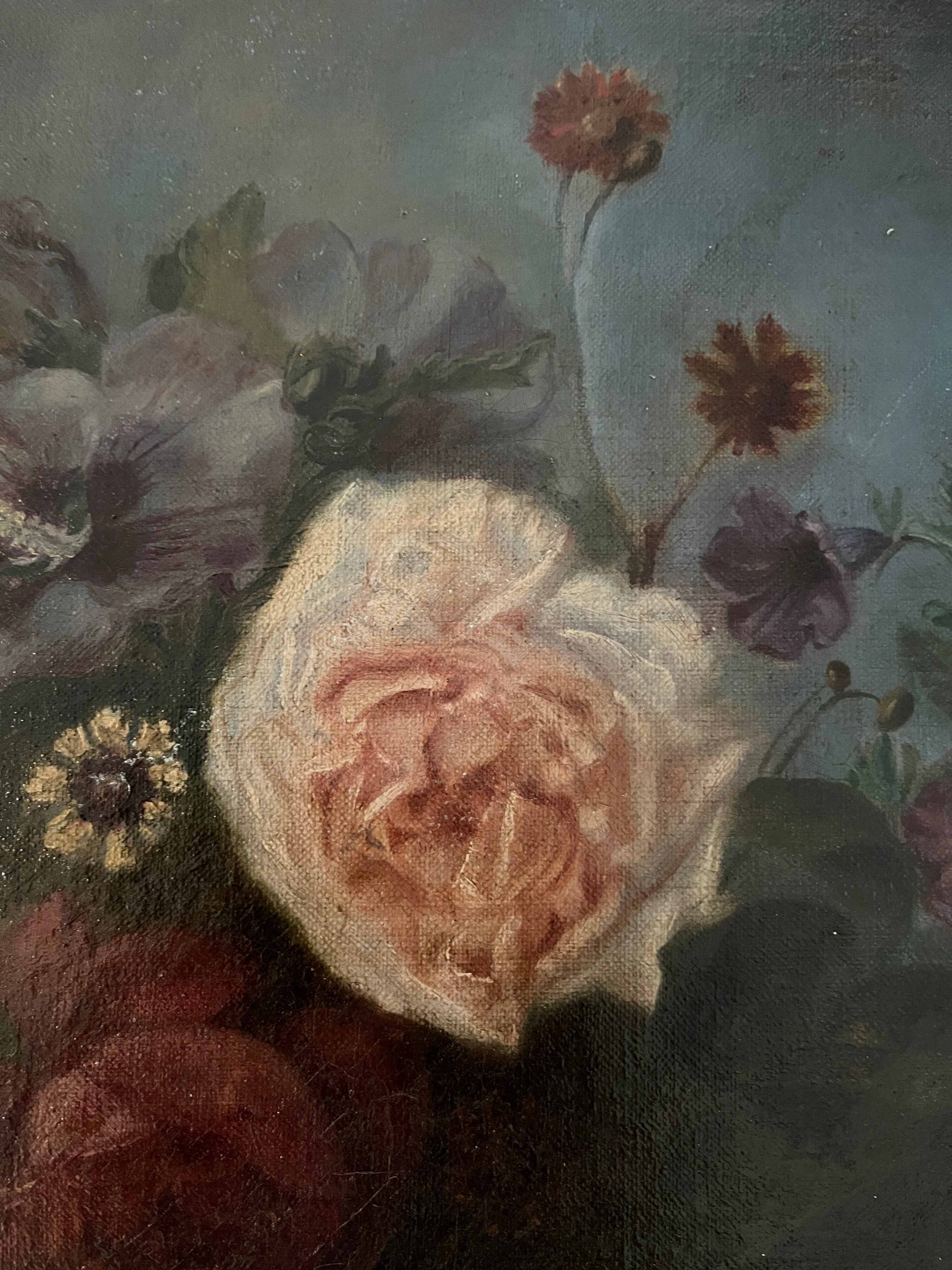 Tableau HST vers 1874 Jetée de fleur sur entablement signé + cadre