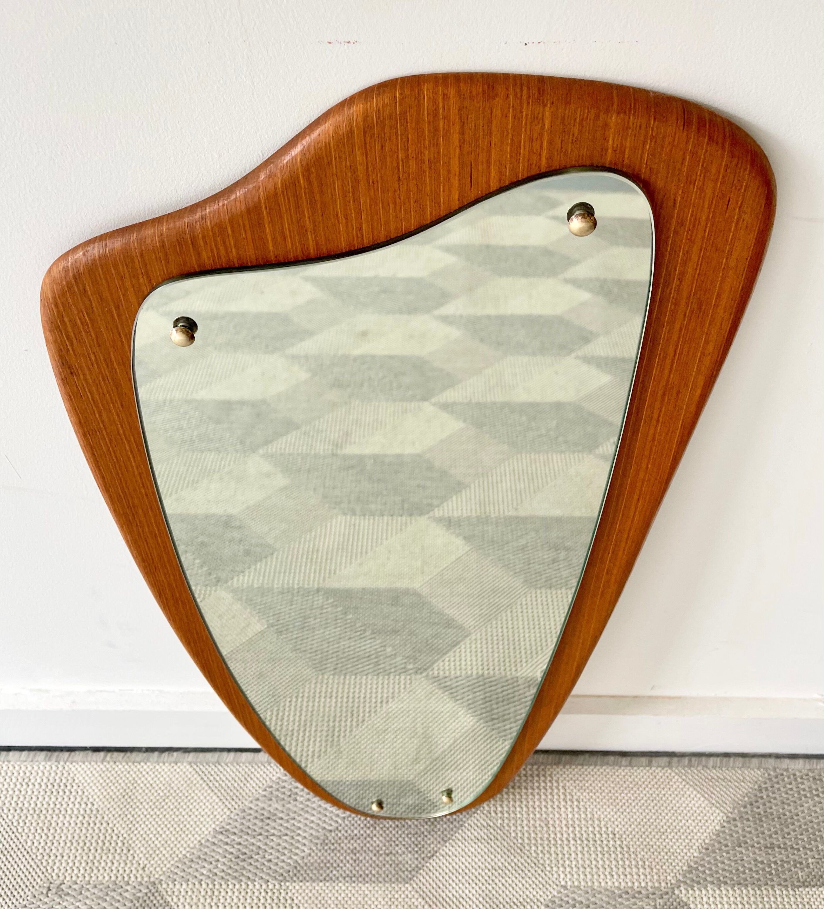 Vintage triangular wall mirror teak frame