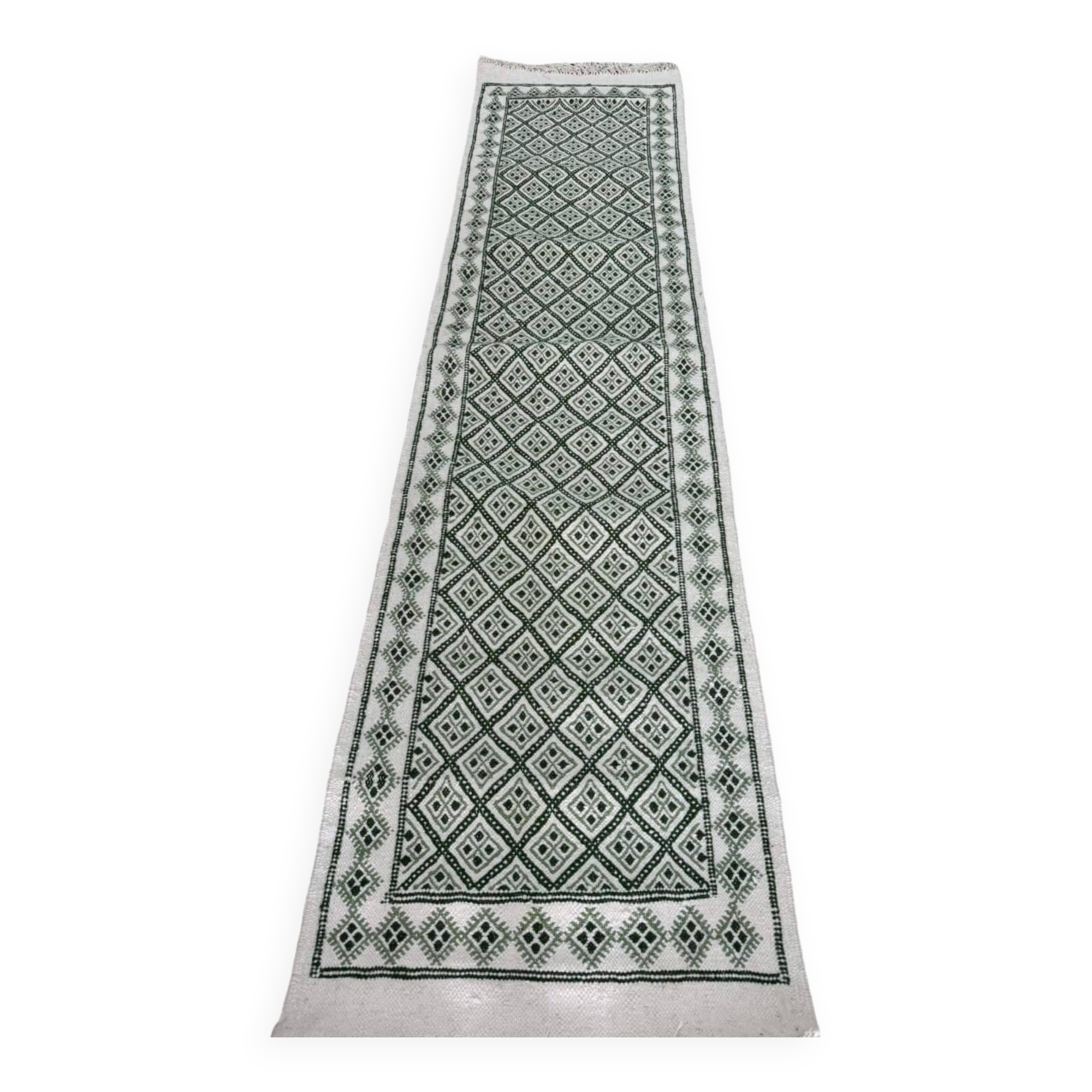 Handmade green and white margoum hallway rug in natural wool