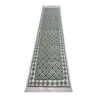 Handmade green and white margoum hallway rug in natural wool
