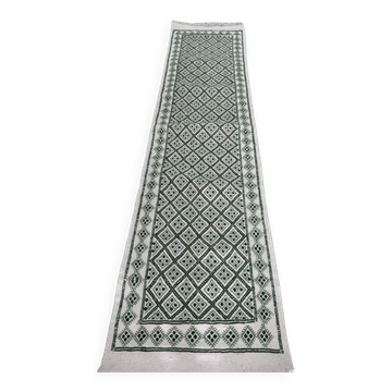 Handmade green and white margoum hallway rug in natural wool