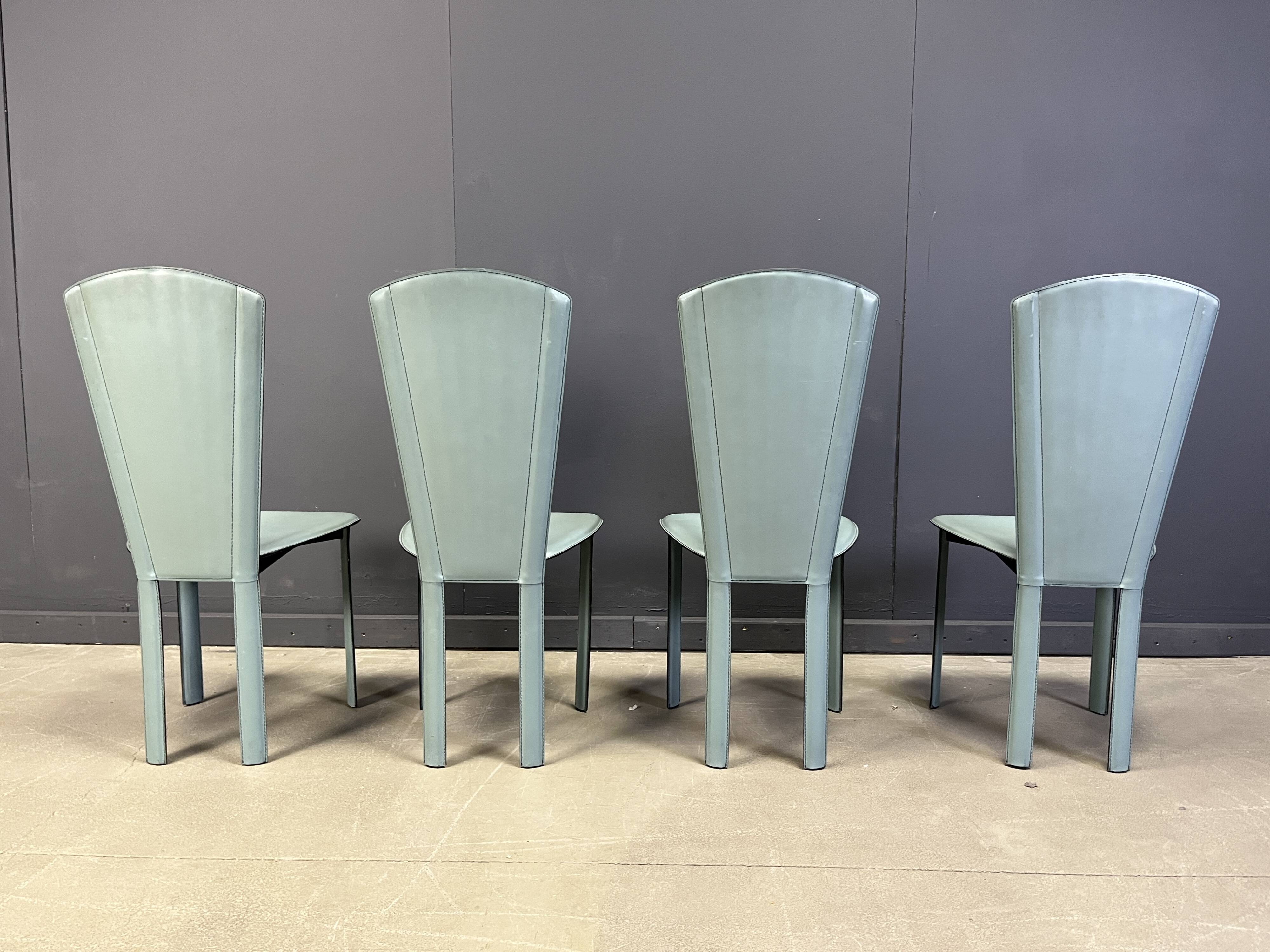 Postmodern green leather dining chairs, 1980s