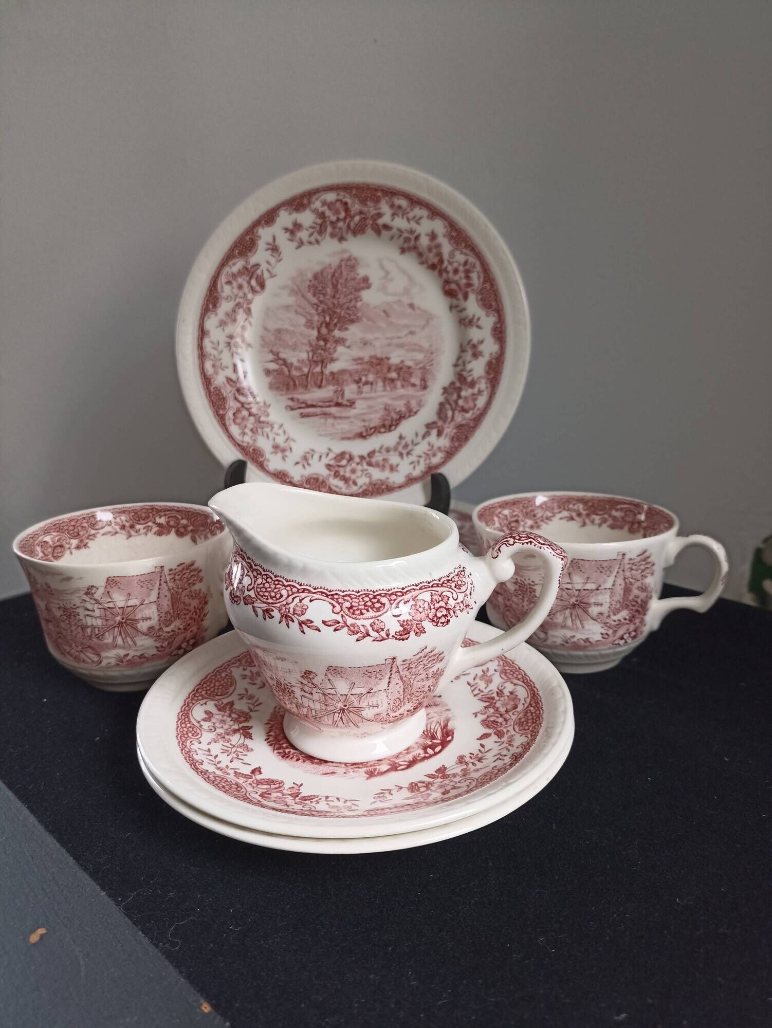 Staffordshire cups, saucers, plates and milk jar