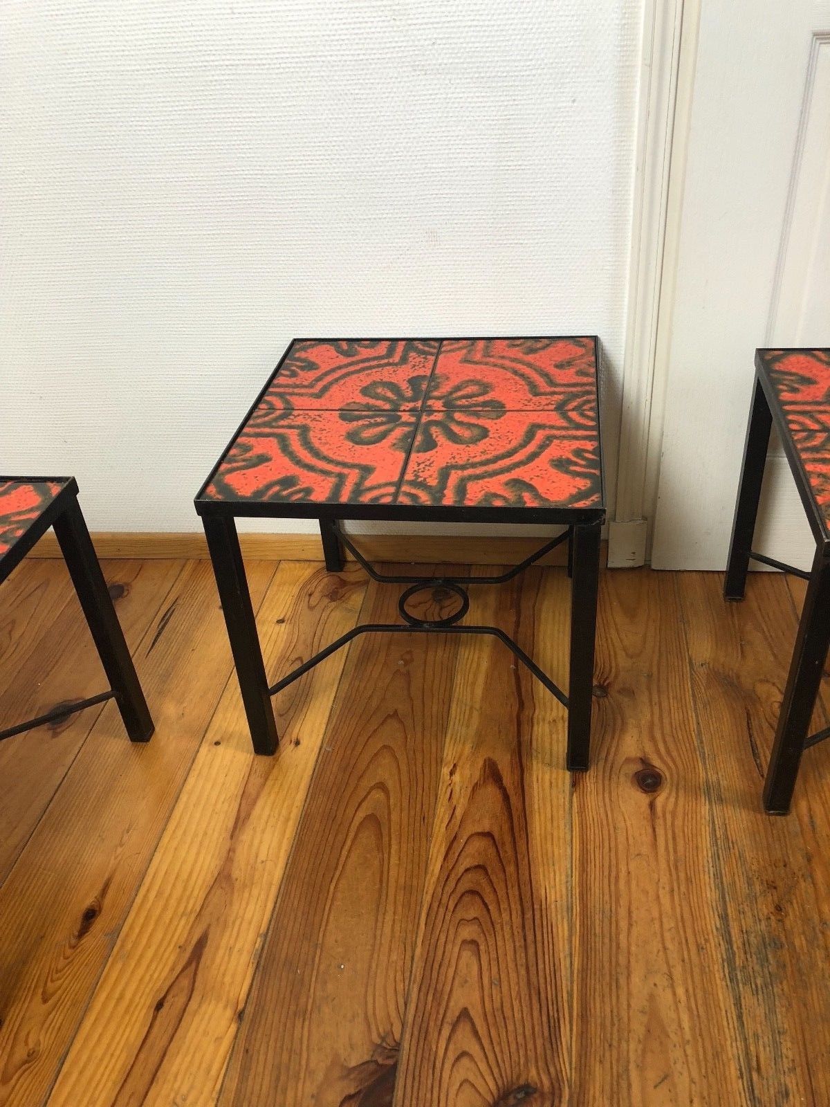Pair modernist ceramic and metal tables, from the Cloutier Brothers, from the 1960s