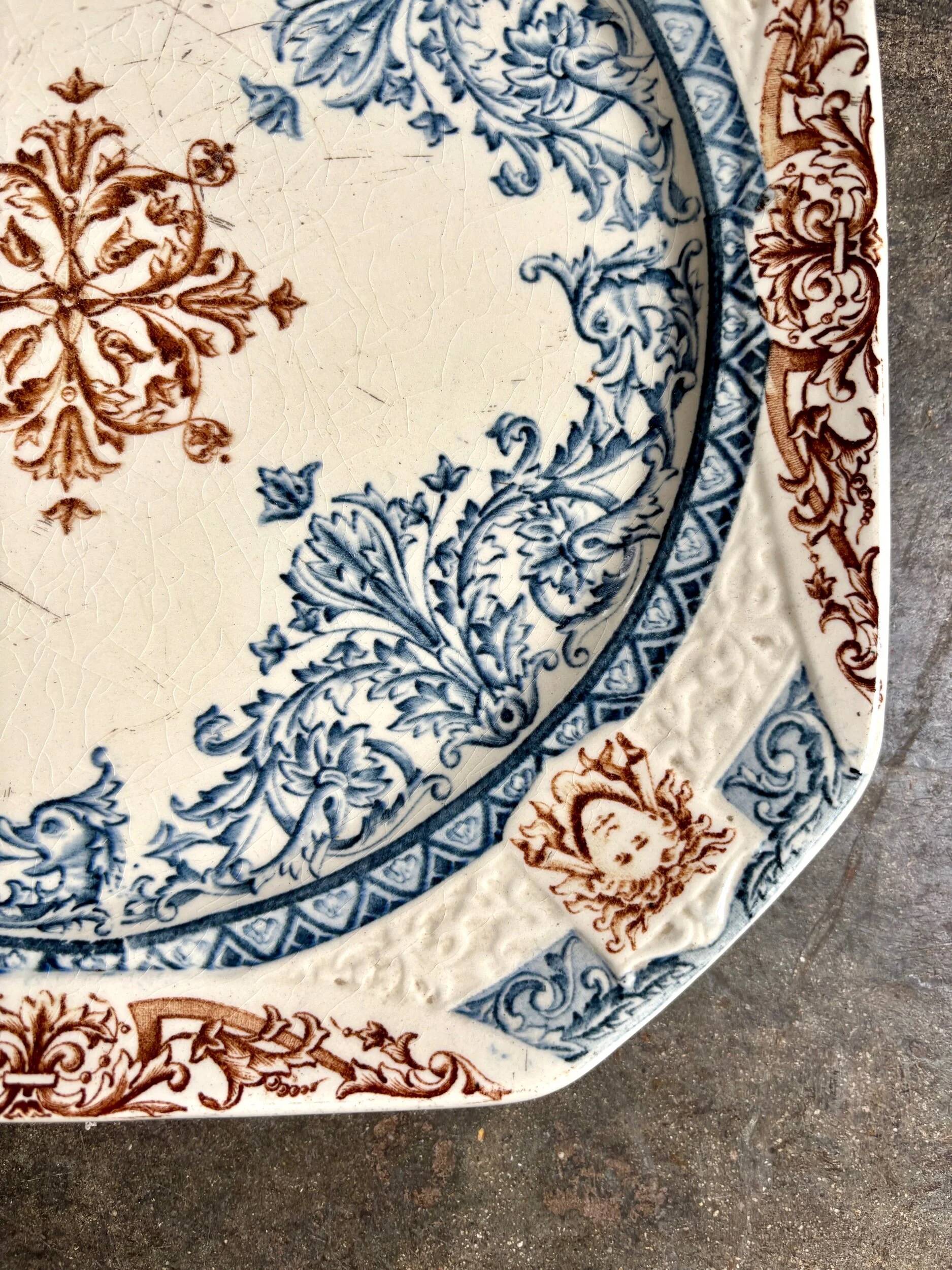 Longchamp square dish in blue and brown ironstone, "Diane" service