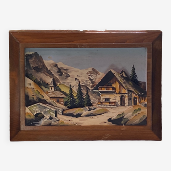 Relief painting signed Guillot mountain village