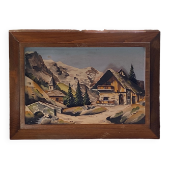 Relief painting signed Guillot mountain village