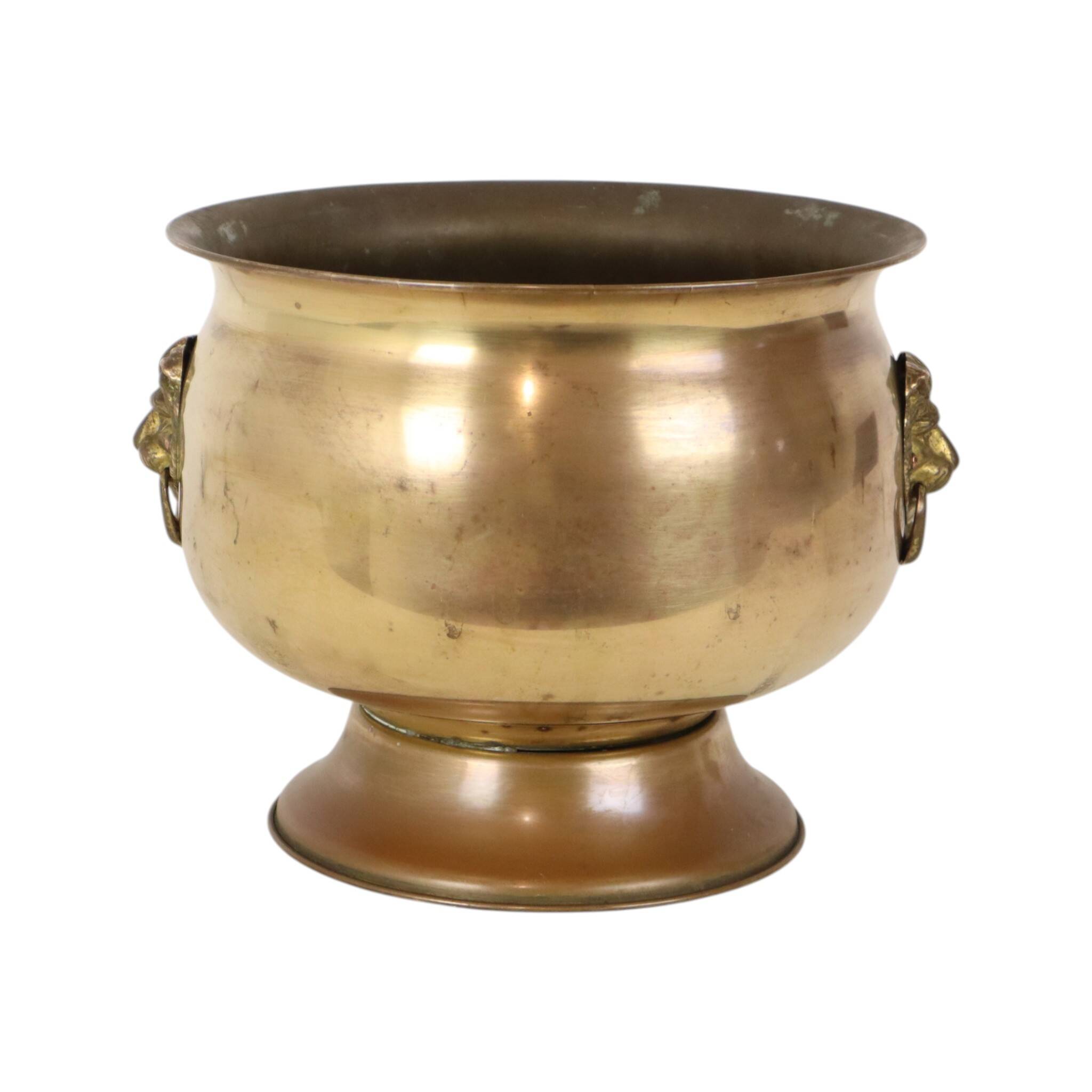 Antique Brass Jardinière Plant Pot with Lion Heads, Early 20th Century