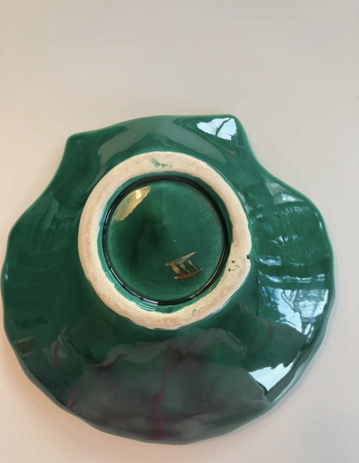 Green glazed ceramic scallop shell dish marked III