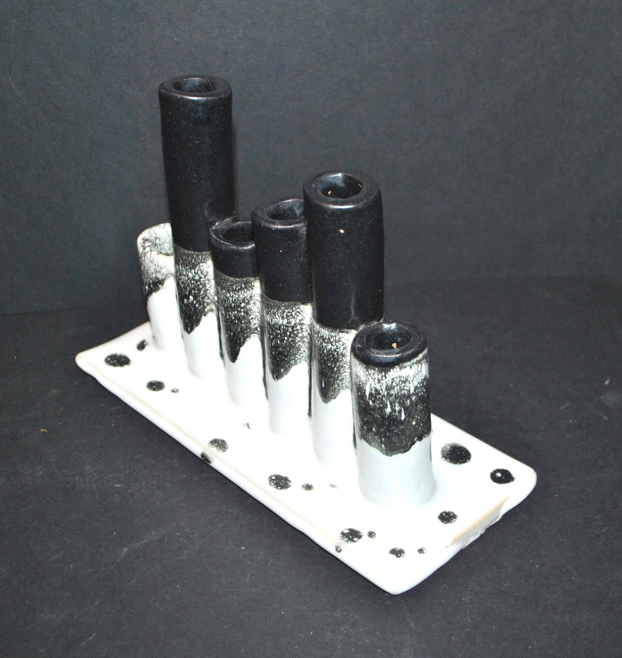 Vintage black and white ceramic soliflore vase - brush holder