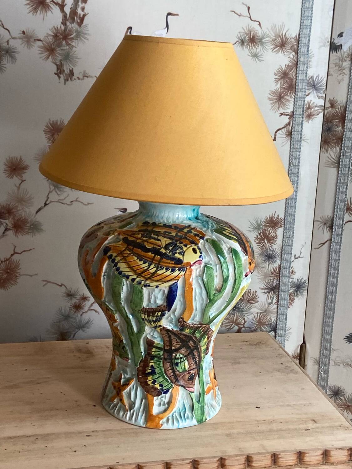 Ceramic lamp signed Claude Pruffert – Vallauris, marine decor in relief