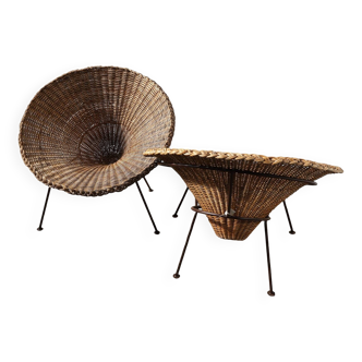 Lot de 2 fauteuils italiens en osier à motif tournesol du milieu du siècle